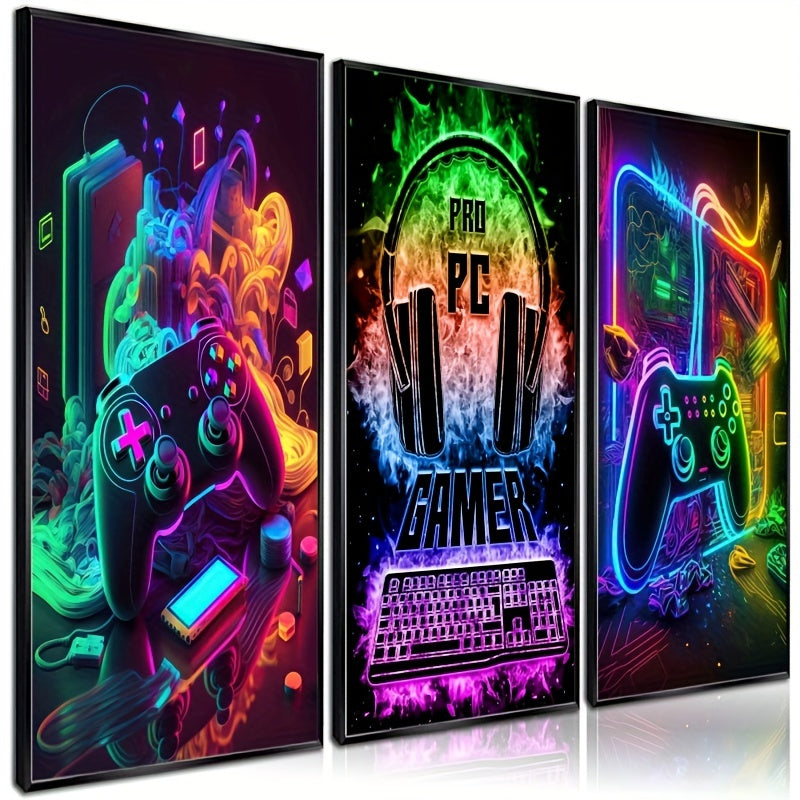 Set 3 Posters Muraux Rétro Gamer - Art Néon Gamepad 43x30cm Décoration Chambre