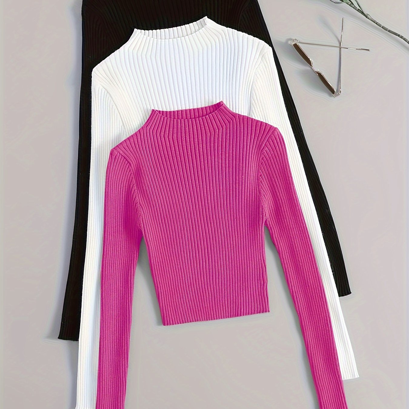 Pack 3 Tops Col Montant Côtelés Femme - Manches Longues Slim Polyvalents Casual