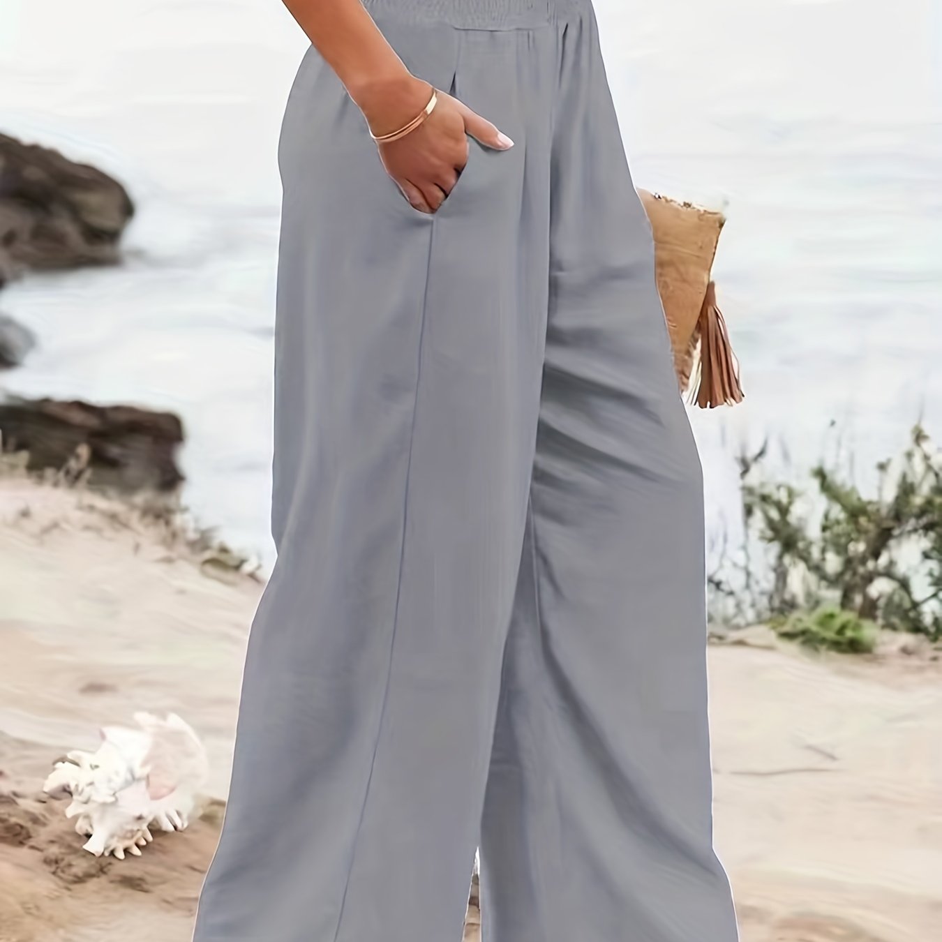 Pantalon Large Taille Smockée Femme - Jambes Larges Poches Obliques Décontracté