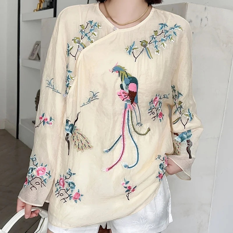 Blouse Chinoise Brodée Femme - Style Rétro Élégant Ample