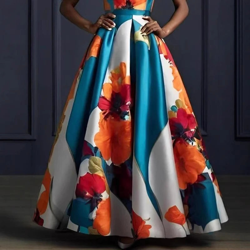 Robe longue élégante, col rond, taille haute, pour femmes, imprimé Floral, ourlet, robe de soirée, été, sans manches, style Boho, Maxi, printemps