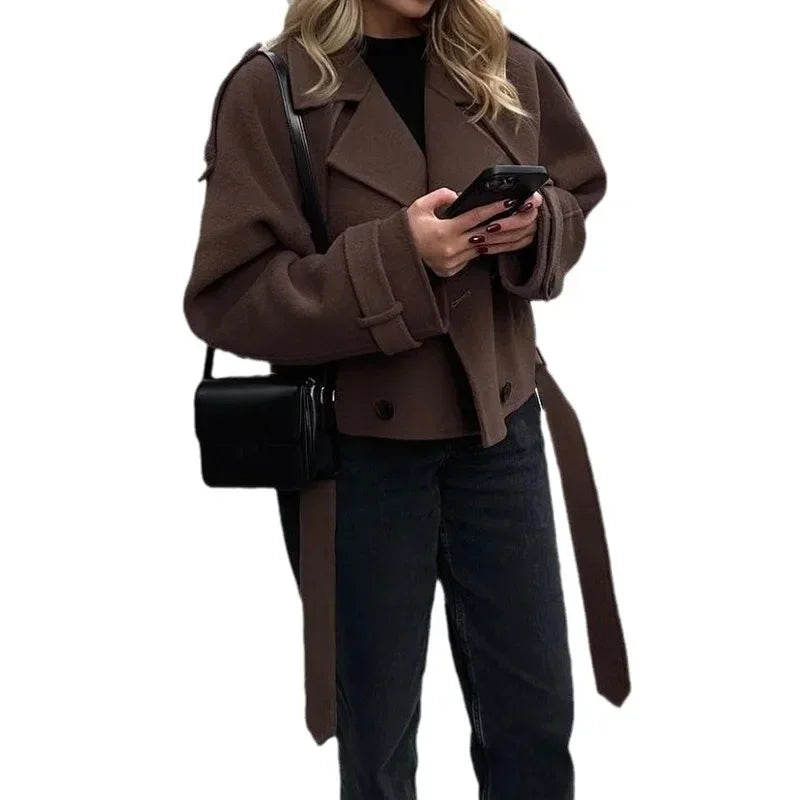 Manteau Femme Laine Revers Court - Ceinture Mode Printemps