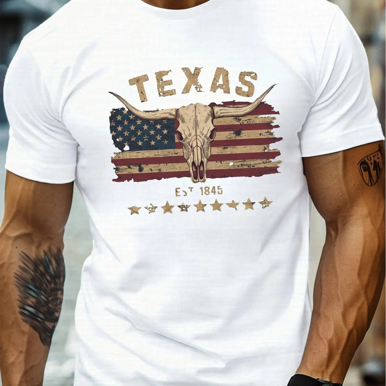T-Shirt Homme 100% Coton Texas Longhorn - Col Rond Ample Crâne Vache Été