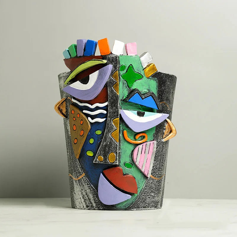 Vase Décoratif Visage Abstrait Coloré - Pot Fleur Art Créatif Maison Bureau