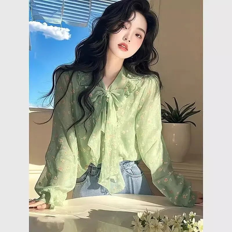 Chemise Femme Verte à Lacets Floral - Blouse Printemps Style Niche