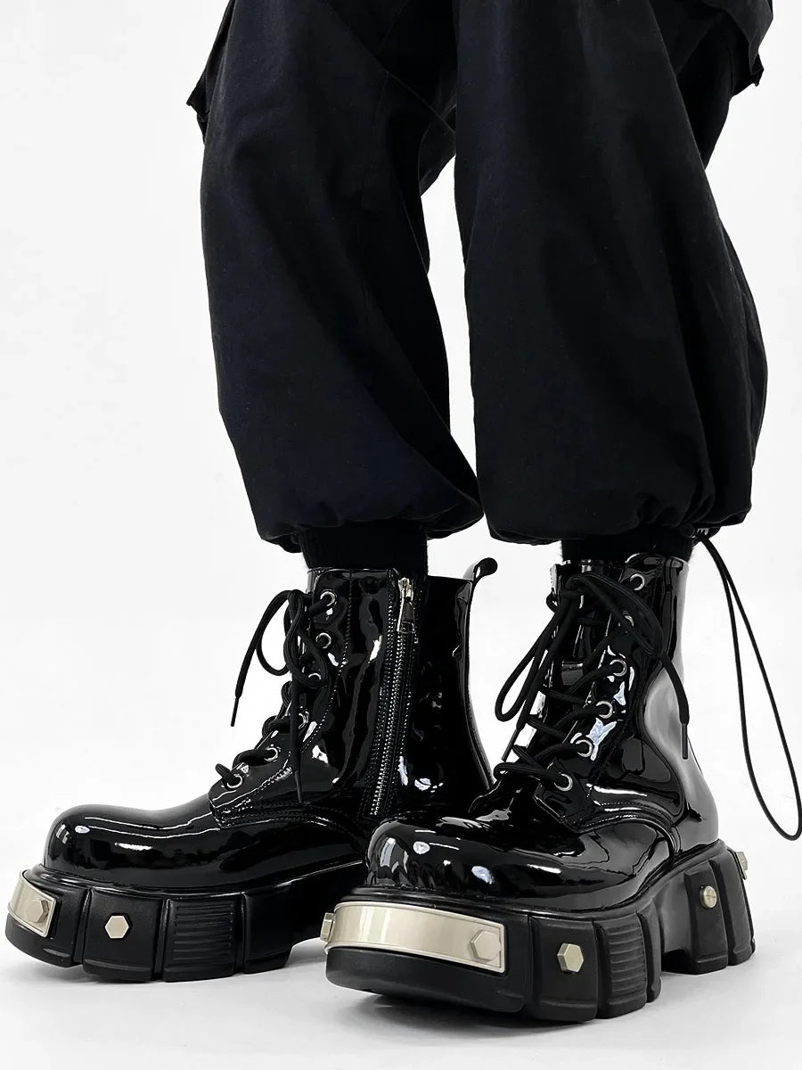 Bottes Moto Cuir Verni Noir Rivets Métal - Plateforme Punk Fermeture Éclair