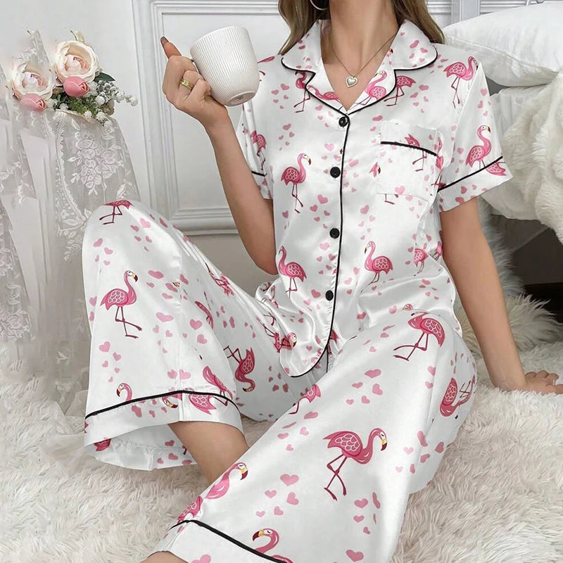 Pyjama Satin Femme Manches Courtes - Ensemble Nuit Boutonné Col Revers Élégant