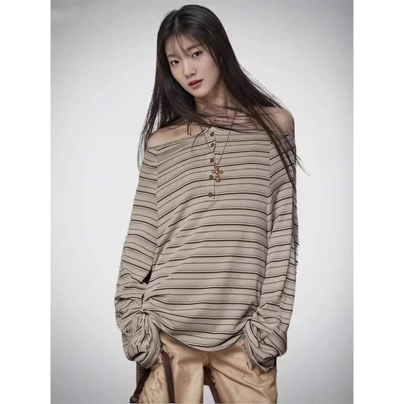 T-Shirt Femme Rétro Américain - Manches Longues Rayé