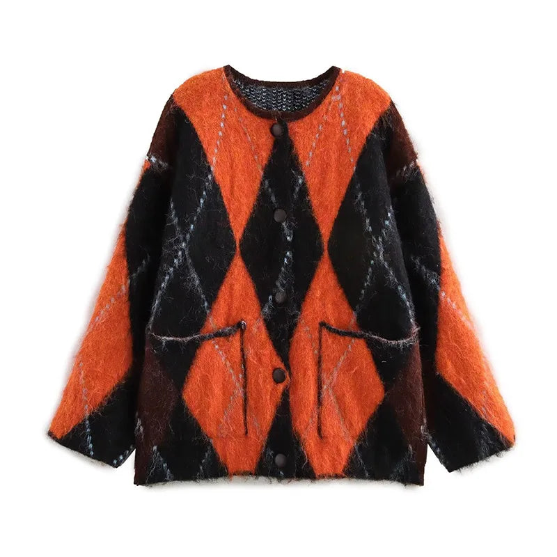 Pull Mohair Carreaux Femme - Cardigan Col Rond Manches Longues Boutonnage Automne