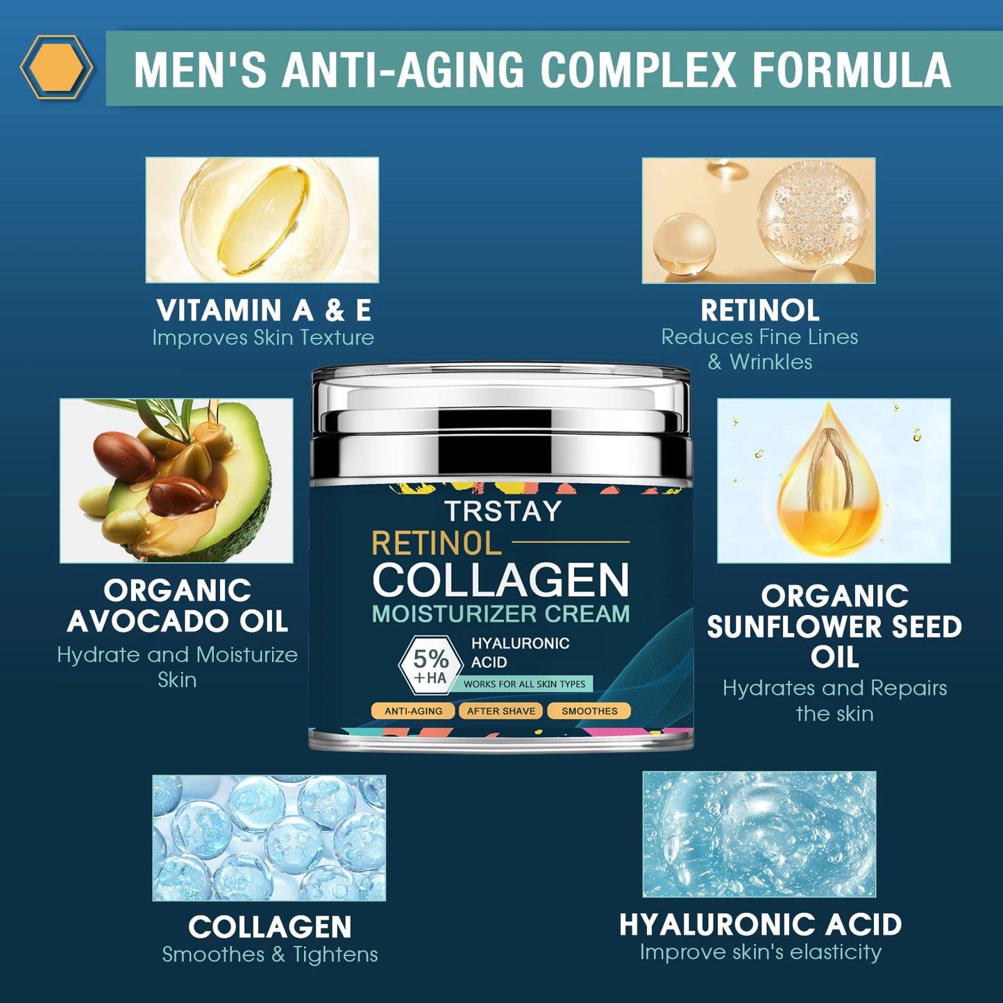 Men's Face Cream Collagen + Hyaluronic Acid - Day & Night 50ml