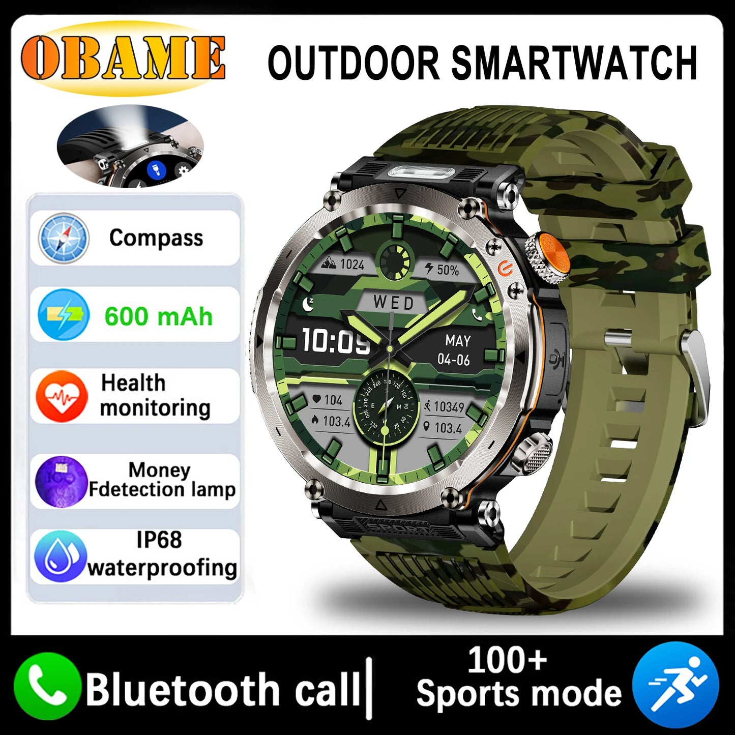 Montre Intelligente Outdoor 5ATM - Écran 1.9" Lampe LED Boussole Étanche