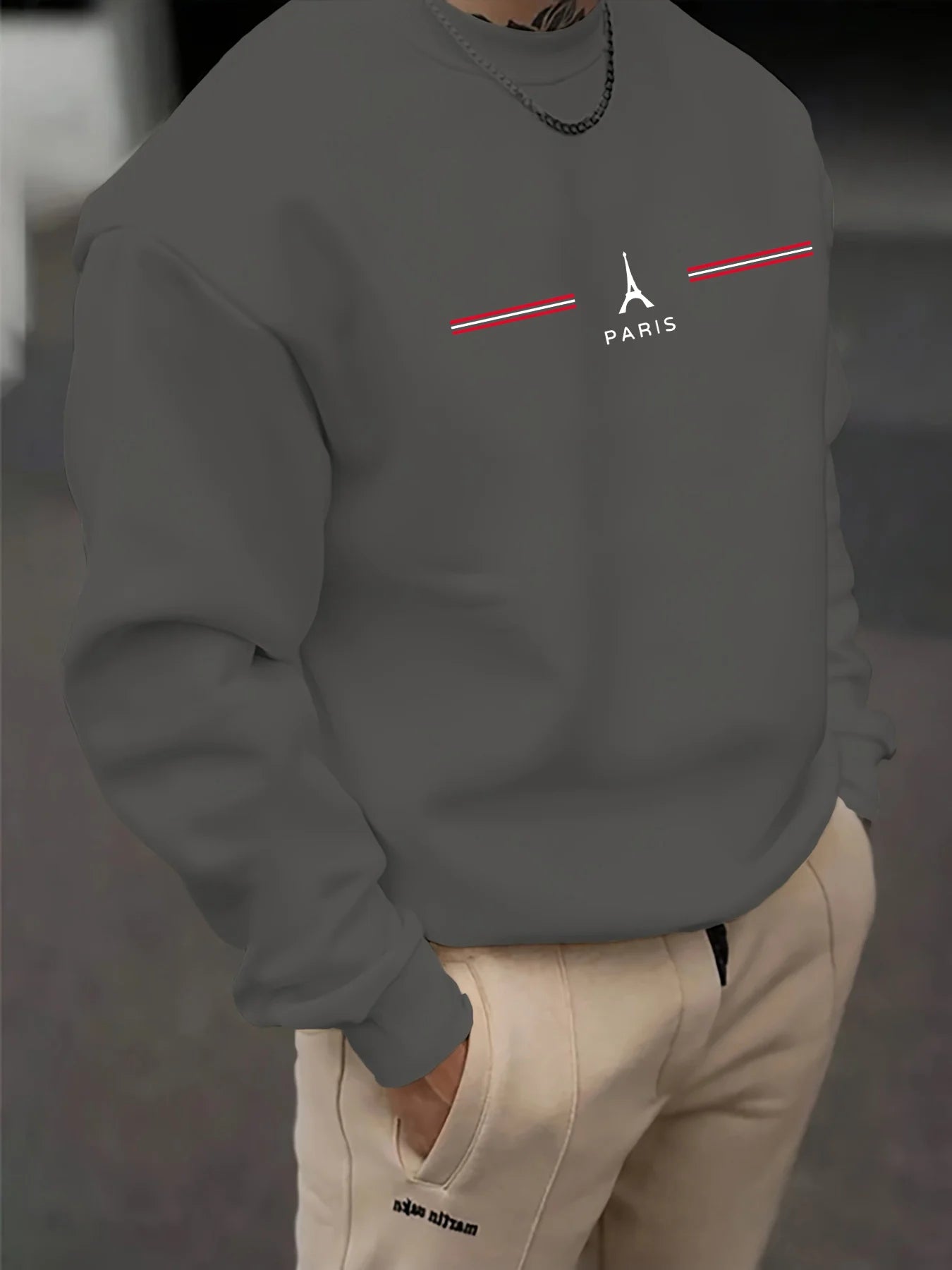 Sweat Col Rond Homme Paris - Manches Longues Ample Décontracté Automne Hiver