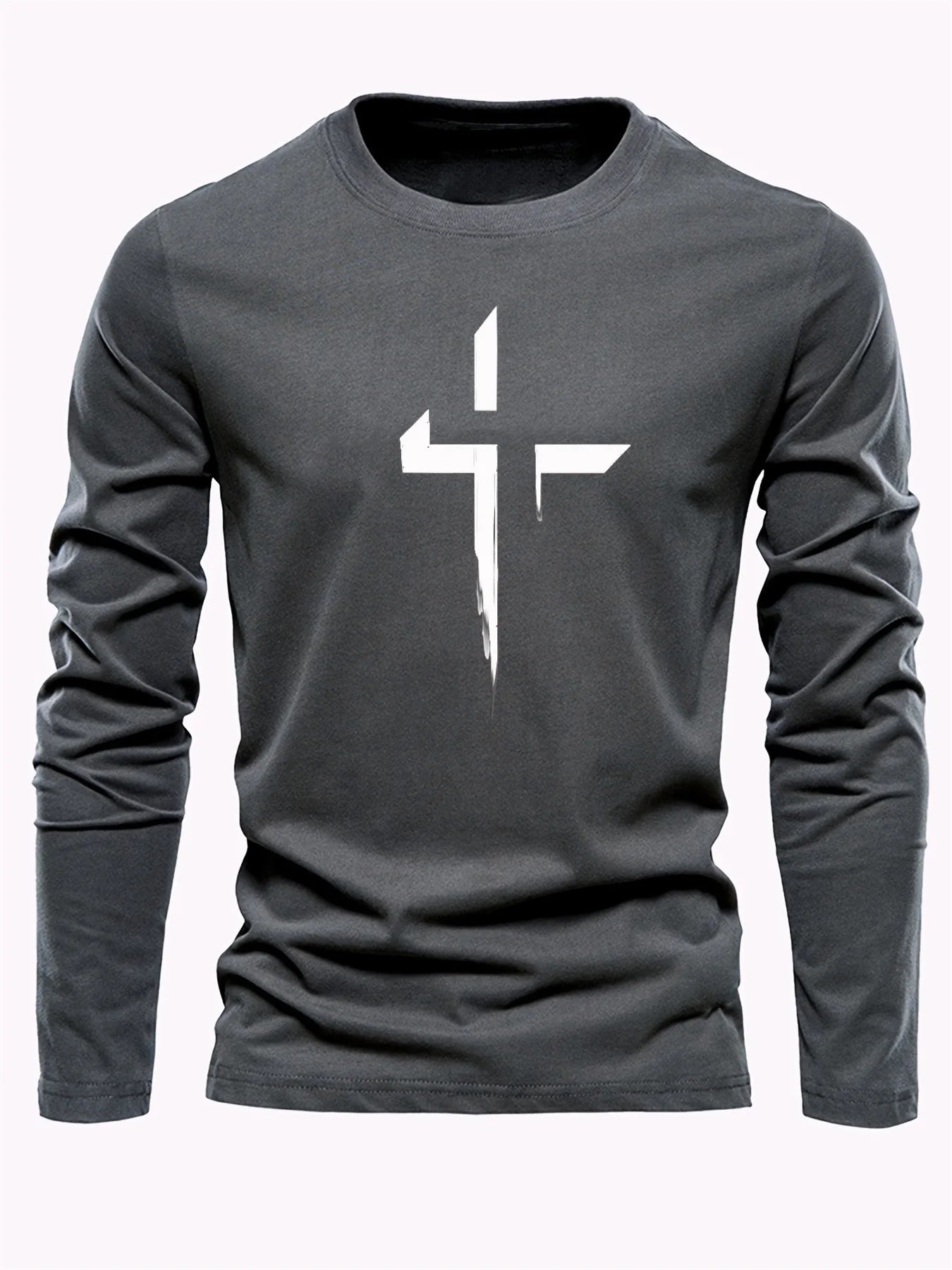 T-Shirt Manches Longues Homme 100% Coton - Col Rond Ample Imprimé Croisé Sport Décontracté