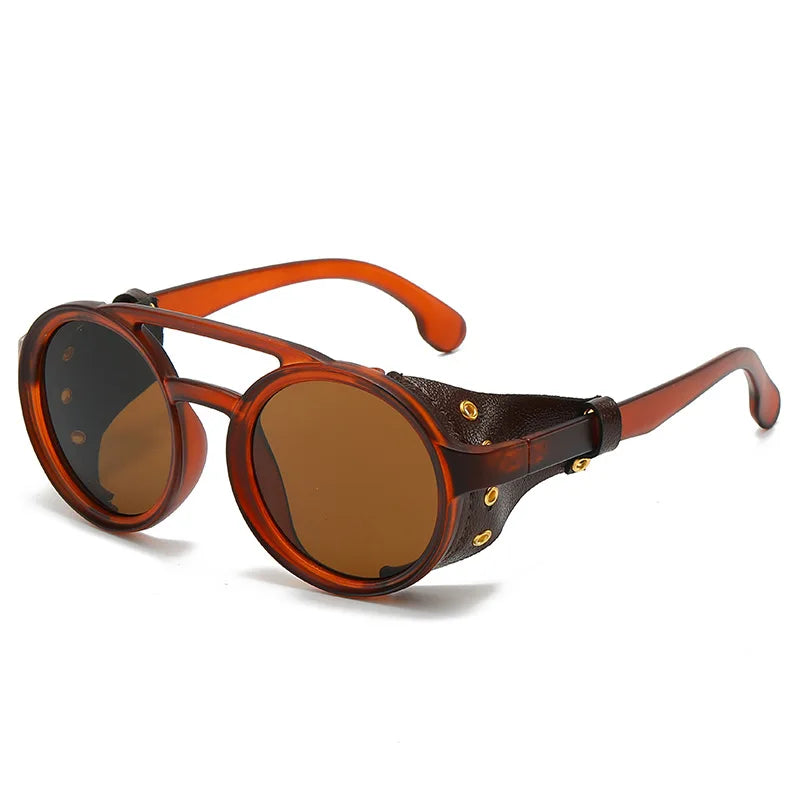 Lunettes Soleil Rétro Rondes Cuir - Protection UV400 Anti-Vent Unisexe