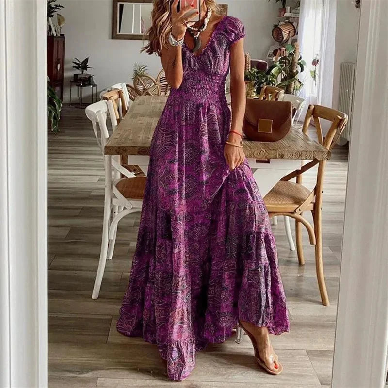 Robe Florale Bohème Col V - Taille Ajustée Mode Européenne Grande Taille