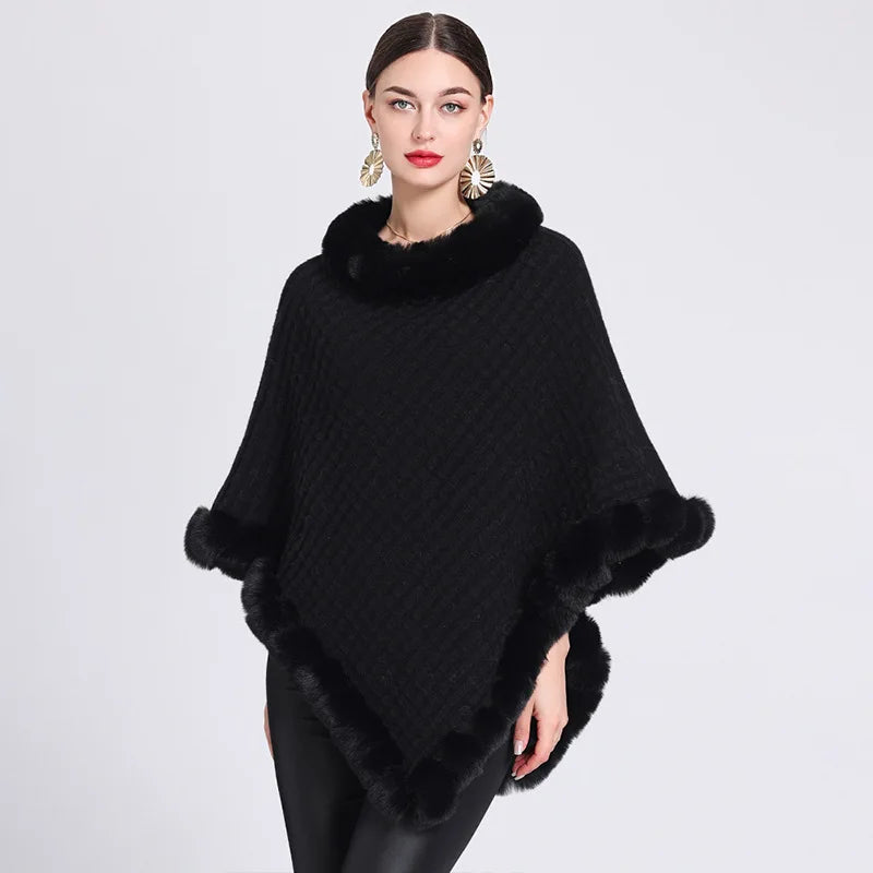 Cape Poncho Fausse Fourrure Femme - Pull Plaid Rayures Tricot Automne Hiver