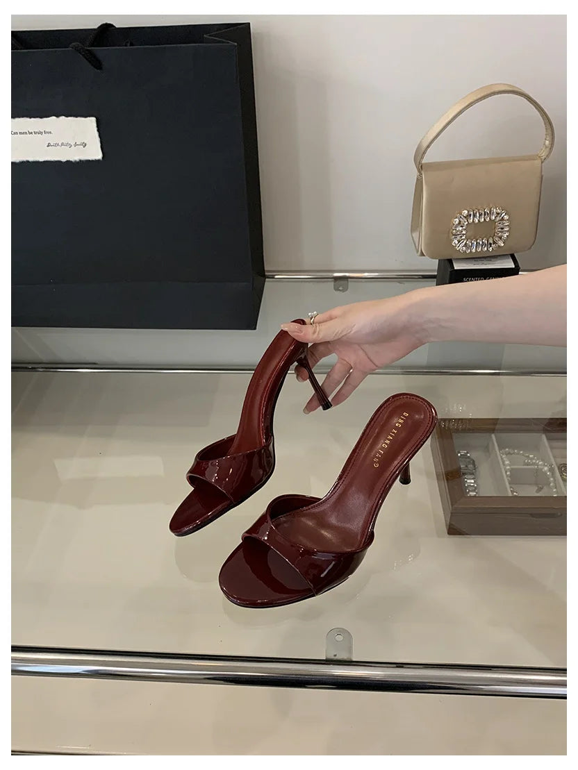 Sandales Mules Cuir Verni Talons Fins - Escarpins Ouverts Mode Femme 2025