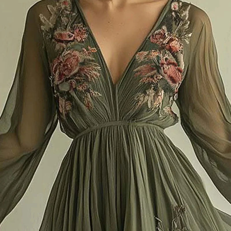 Robe Soirée Femme Floral Boho - Col V Taille Haute Manches Longues Printemps