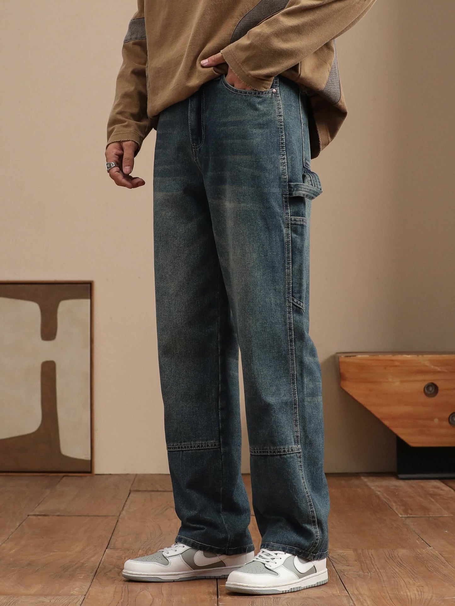 Jeans Workwear Rétro Homme - Large Multi-Poches Bleu Foncé Délavé