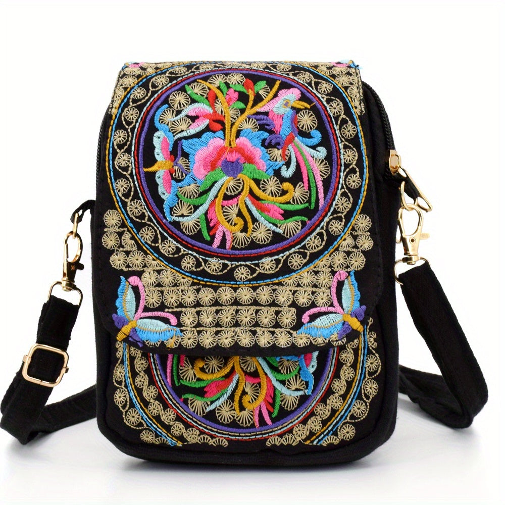 Sac Bandoulière Brodé Femme - Mini Sac Épaule Léger Motif Floral Géométrique Fermeture Éclair