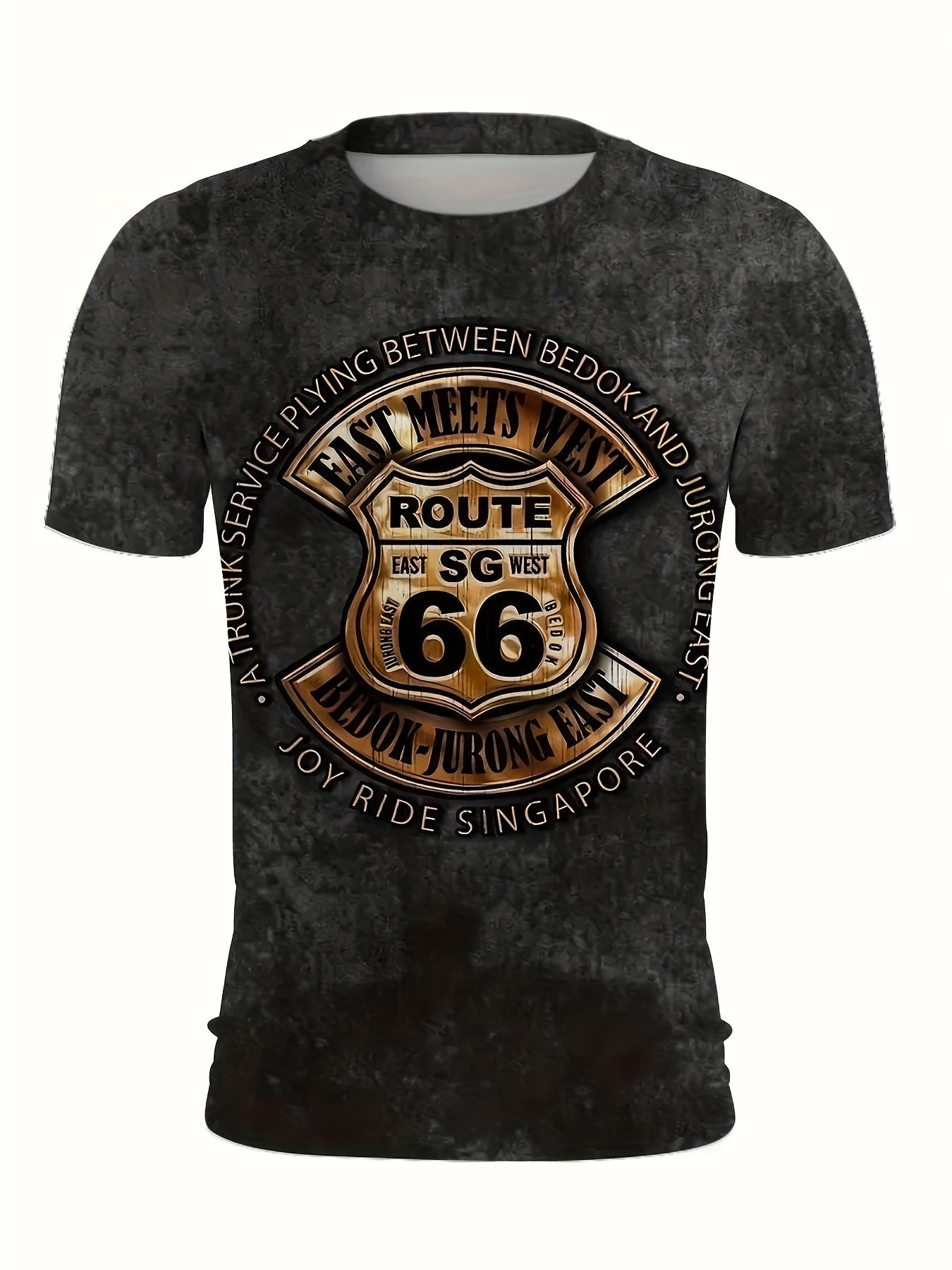 Men's Retro Route 66 Print T-Shirt, Casual Short-Sleeve, Summer Streetwear, Polyester, Round Neck, Regular Fit, Unisex, Digital Print, Outdoor Fashion