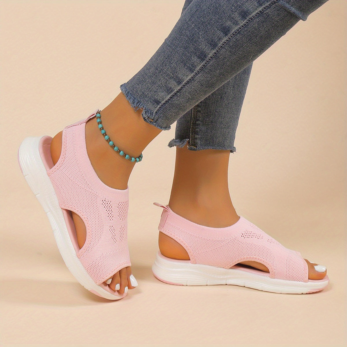 Sandales Tricotées Ajourées - Bout Ouvert Slip-On Compensées Légères Femme
