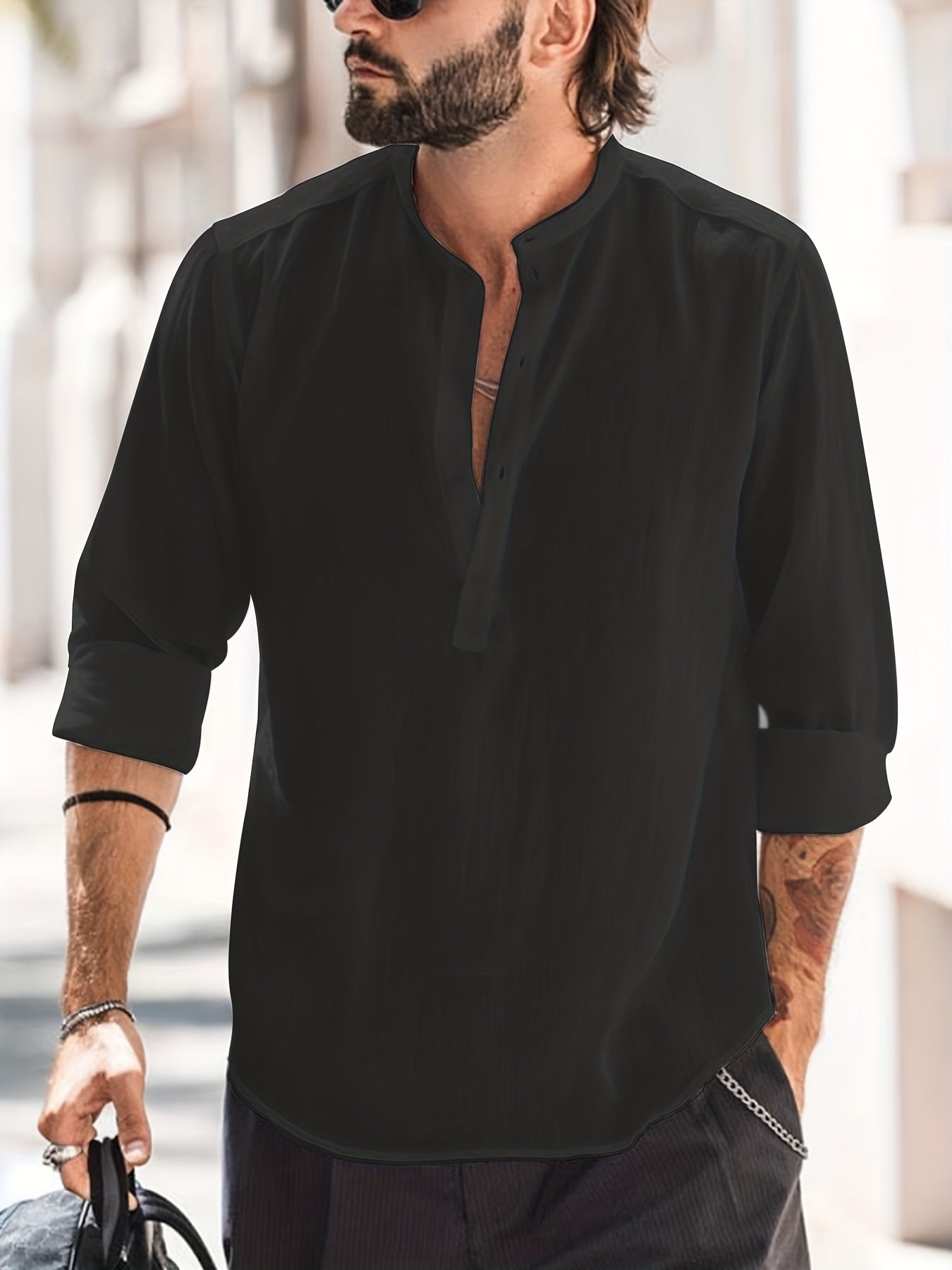 Chemise Henley Col Bateau Homme - Coton Design Classique Manches Longues Vintage