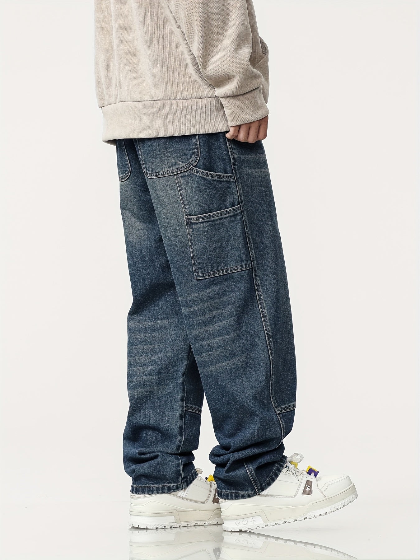 Jeans Workwear Rétro Homme - Large Multi-Poches Bleu Foncé Délavé