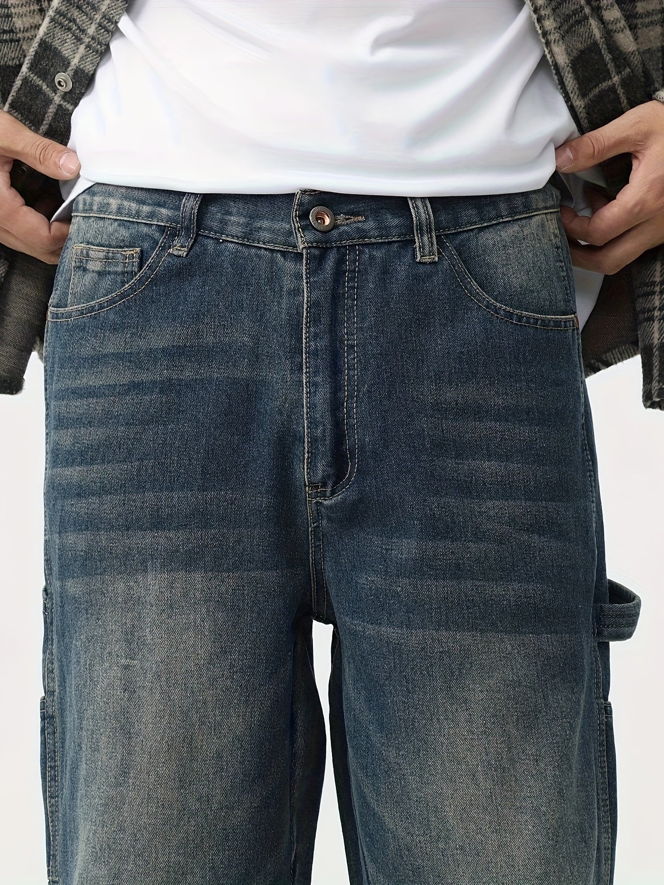 Jeans Workwear Rétro Homme - Large Multi-Poches Bleu Foncé Délavé