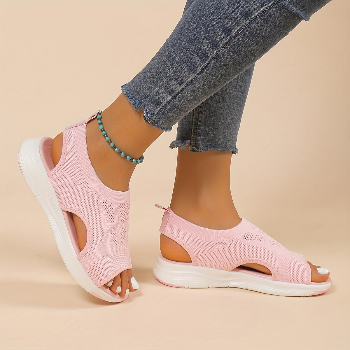 Sandales Tricotées Ajourées - Bout Ouvert Slip-On Compensées Légères Femme