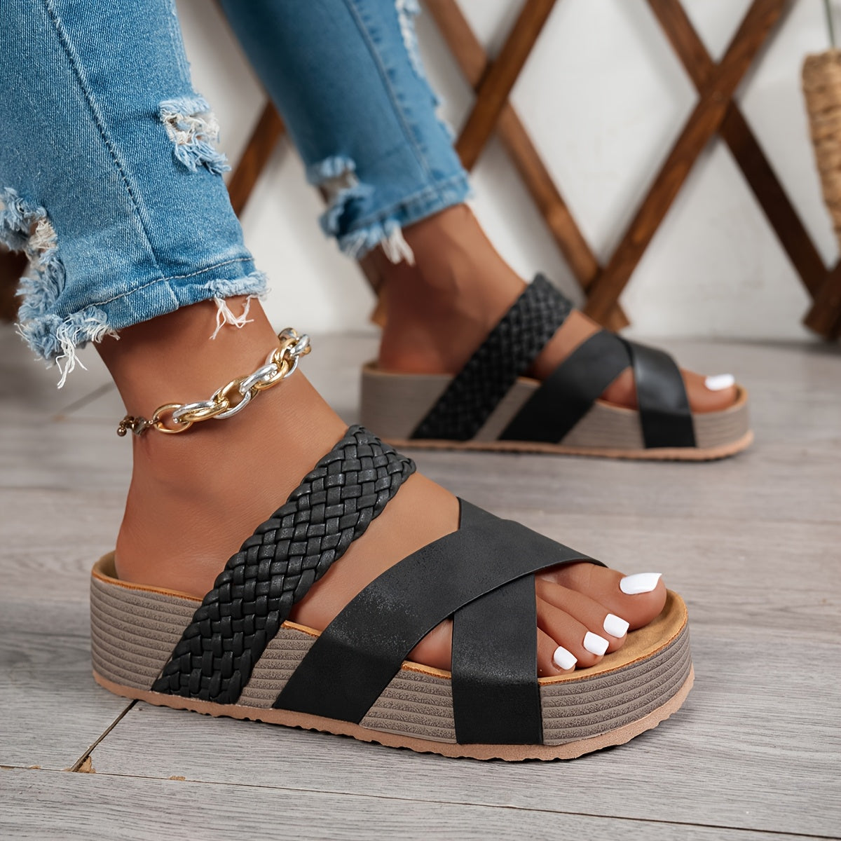 Women's Retro Bohemian Beach Sandals - Thick Platform Wedge Heel, Adjustable Straps, Synthetic Cover Upper & PU Sole - Summer Casual Travel Shoes for Women, Beach Shoes, Comfortable Wear, Open Toe Design, Durable Comfort