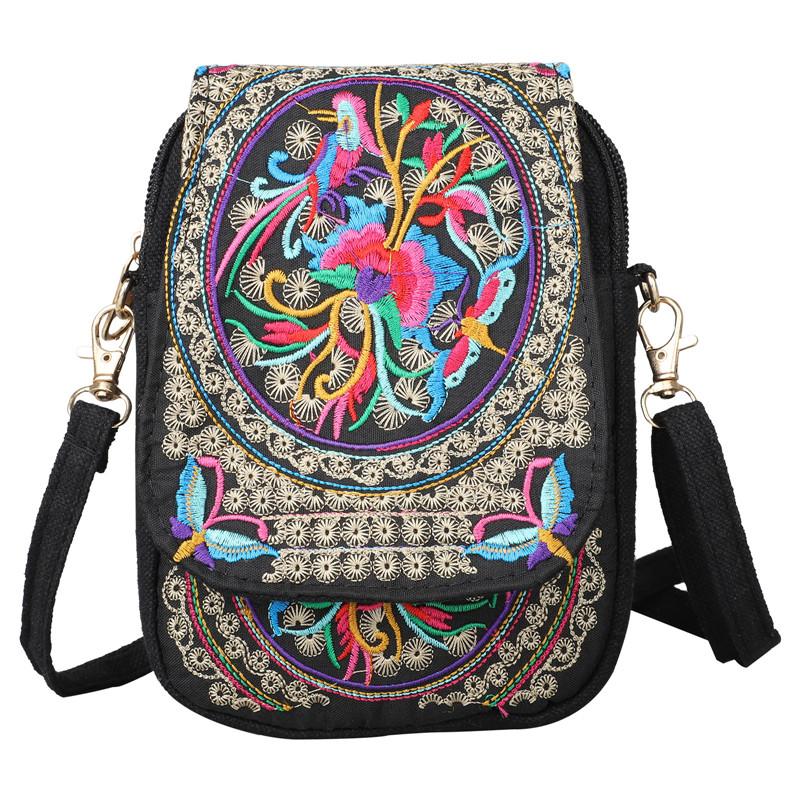 Sac Bandoulière Brodé Femme - Mini Sac Épaule Léger Motif Floral Géométrique Fermeture Éclair