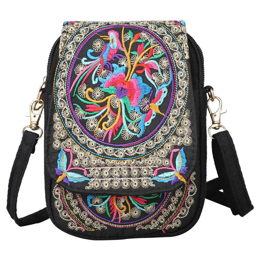 Sac Bandoulière Brodé Femme - Mini Sac Épaule Léger Motif Floral Géométrique Fermeture Éclair