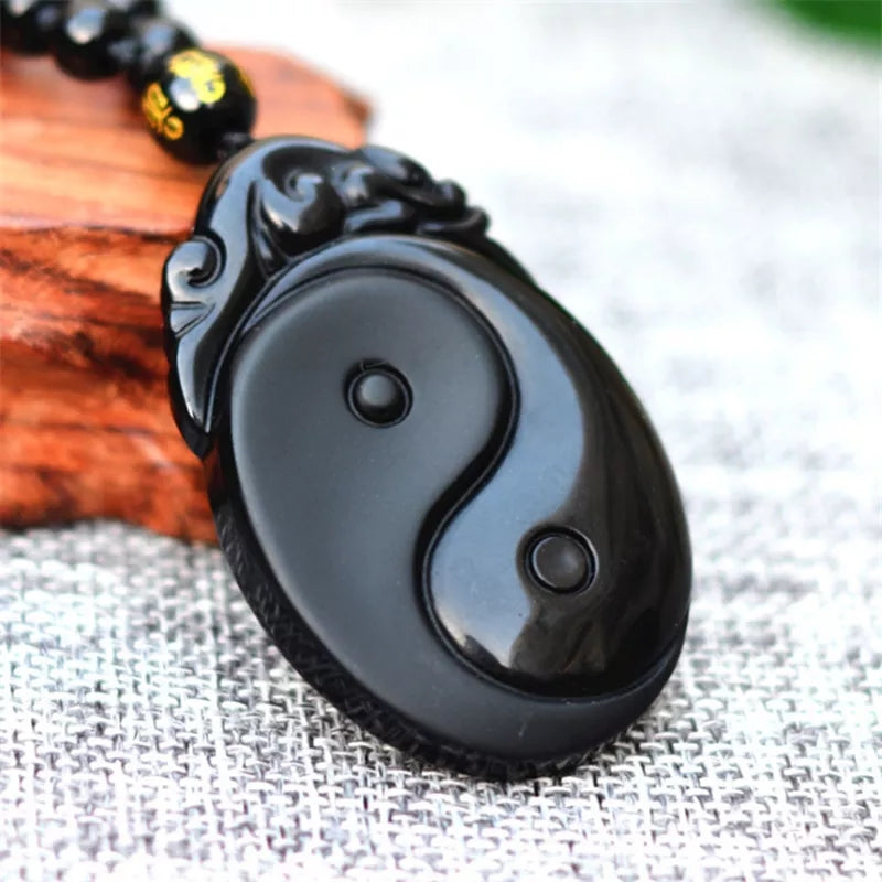 Collier Obsidienne Noire Yin Yang Bagua - Pendentif Poissons Naturel