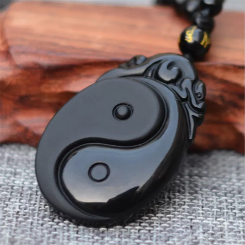Collier Obsidienne Noire Yin Yang Bagua - Pendentif Poissons Naturel