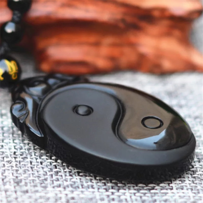 Collier Obsidienne Noire Yin Yang Bagua - Pendentif Poissons Naturel