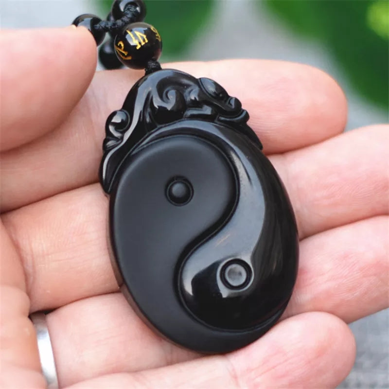 Collier Obsidienne Noire Yin Yang Bagua - Pendentif Poissons Naturel