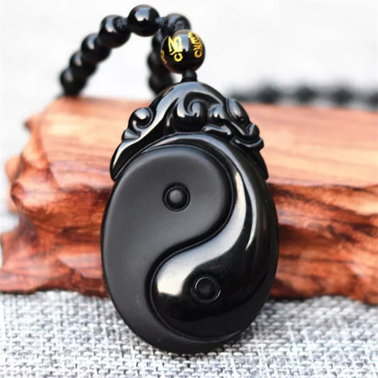 Collier Obsidienne Noire Yin Yang Bagua - Pendentif Poissons Naturel