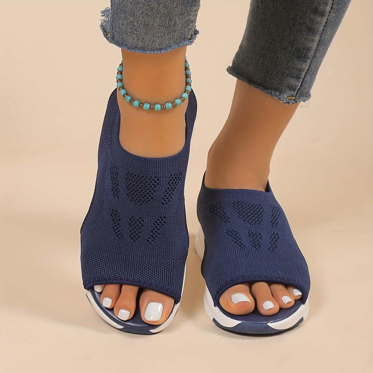 Sandales Tricotées Ajourées - Bout Ouvert Slip-On Compensées Légères Femme