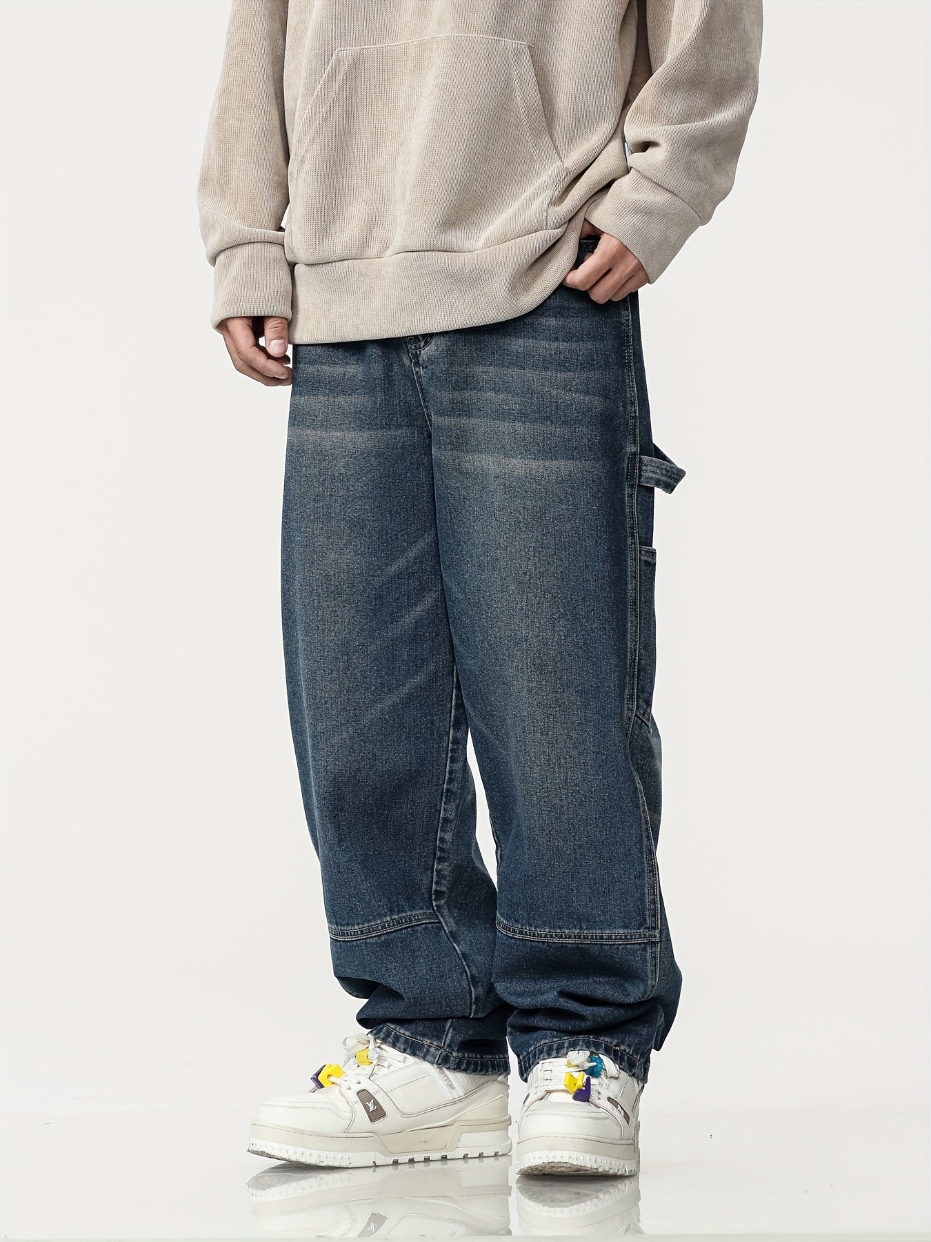 Jeans Workwear Rétro Homme - Large Multi-Poches Bleu Foncé Délavé