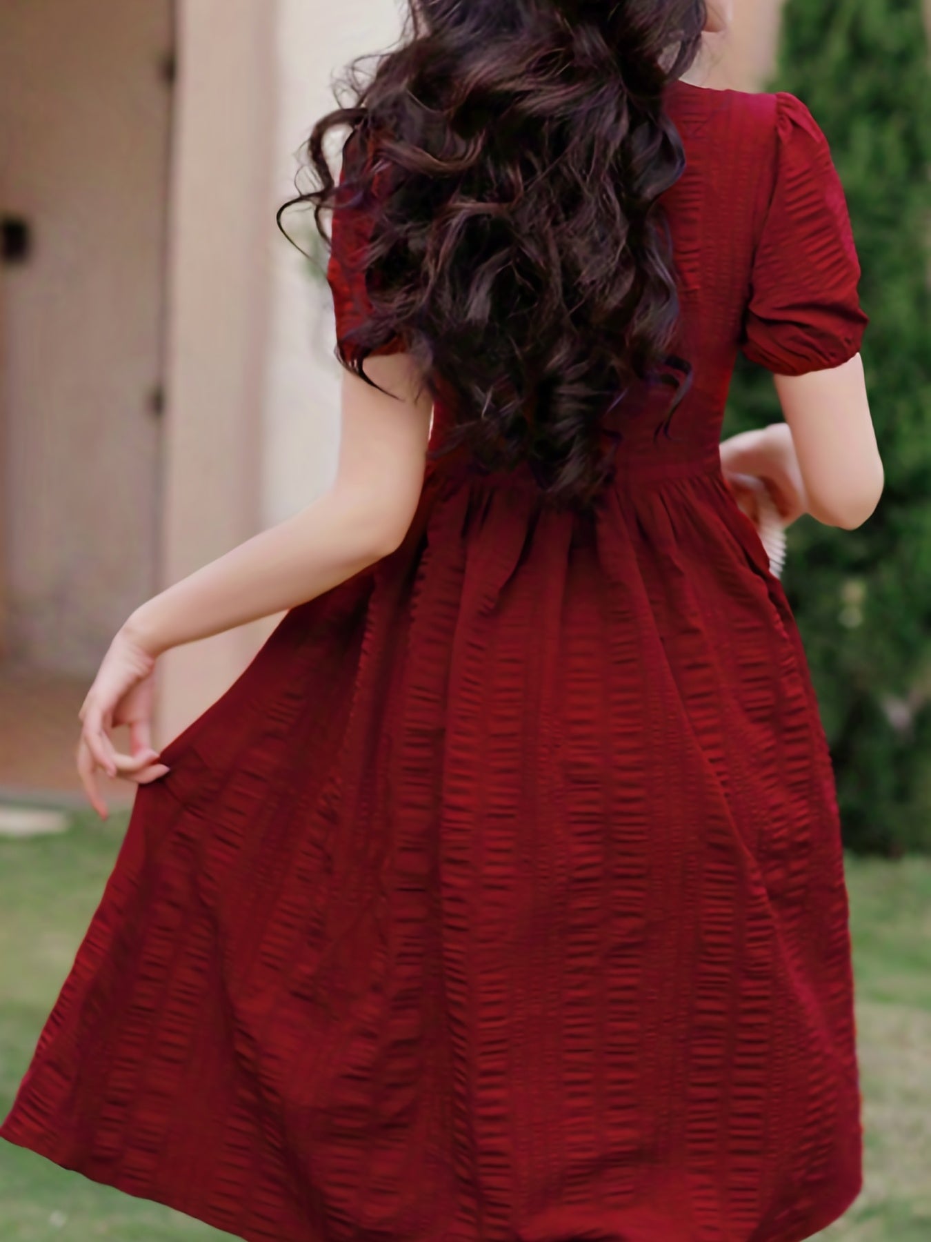 Robe Froncée Fendue Femme - Manches Bouffantes Uni Midi Élégante