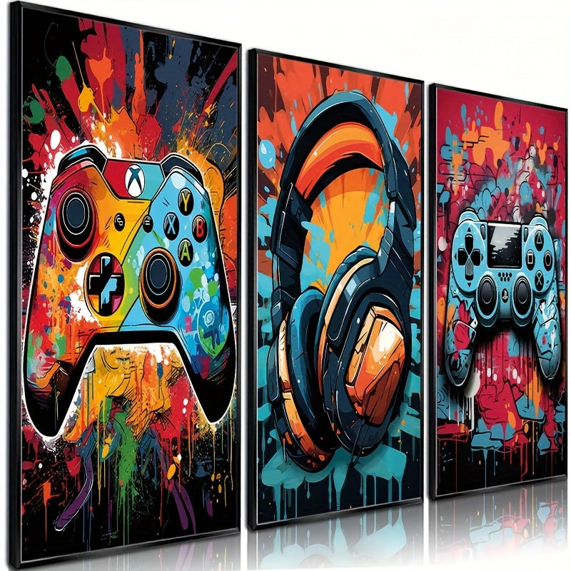 Set 3 Posters Muraux Rétro Gamer - Art Néon Gamepad 43x30cm Décoration Chambre