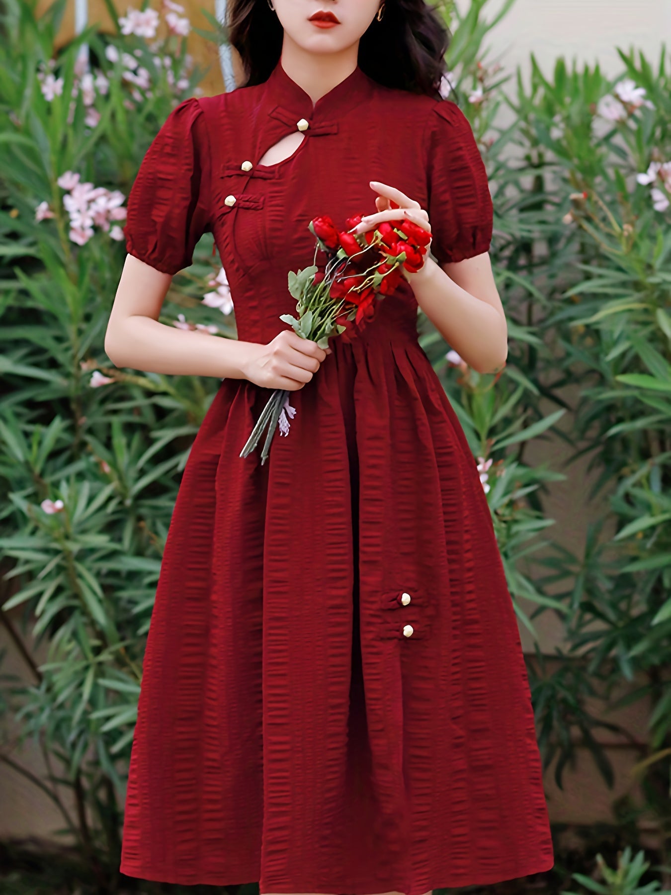 Robe Froncée Fendue Femme - Manches Bouffantes Uni Midi Élégante