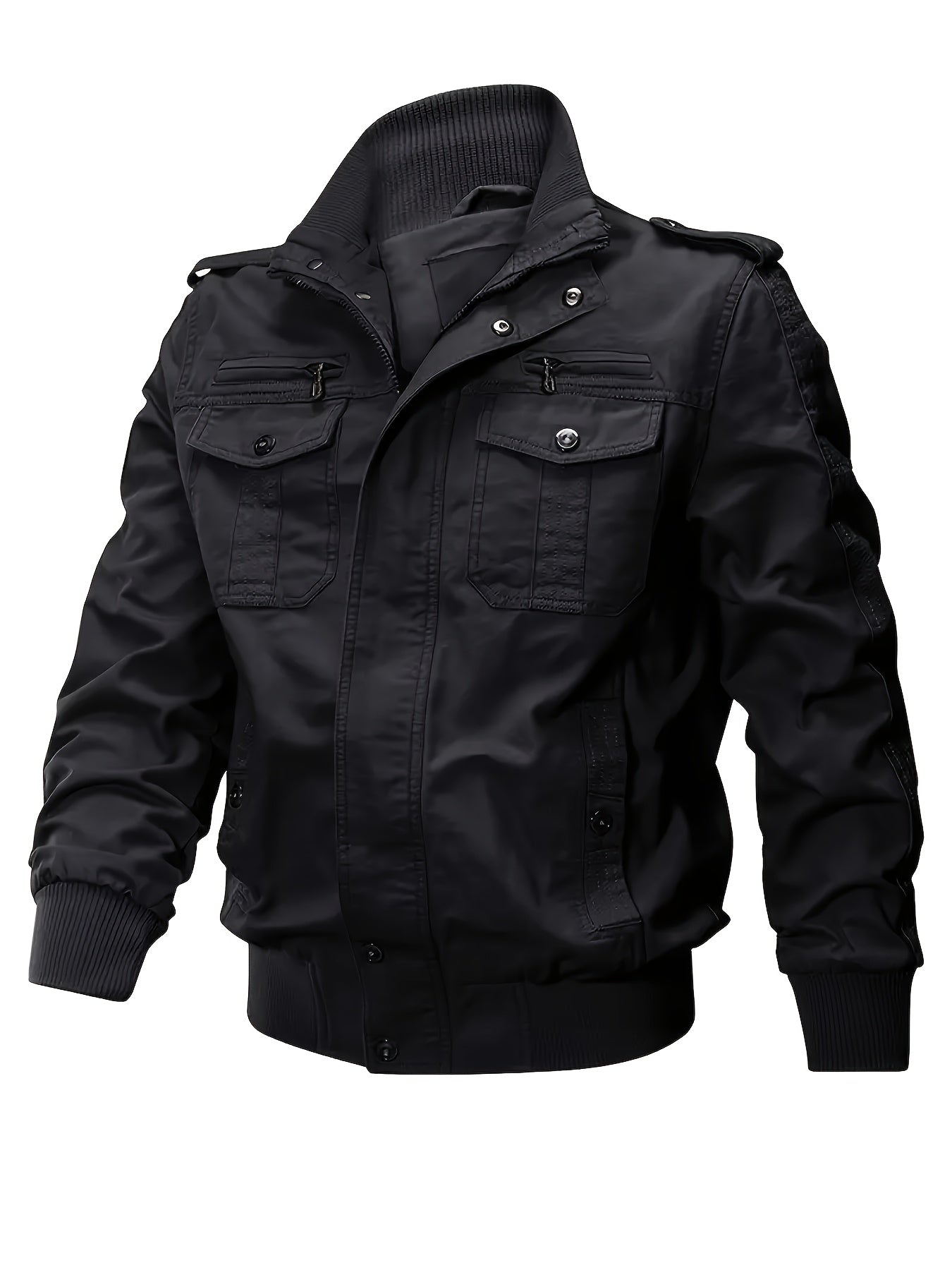 Veste Motard Homme Rétro Multi-Poches - Col Montant Vert Olive Cargo Automne/Hiver Lavable