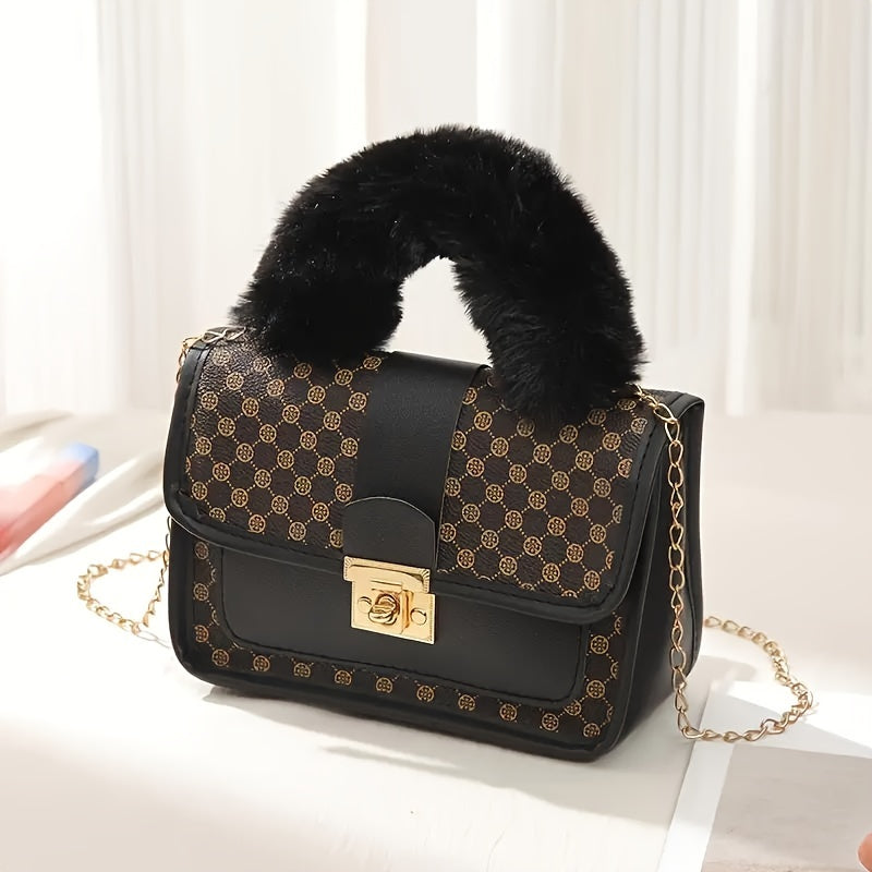 Sac à Bandoulière Vintage Fausse Fourrure - Motif Géométrique Rétro