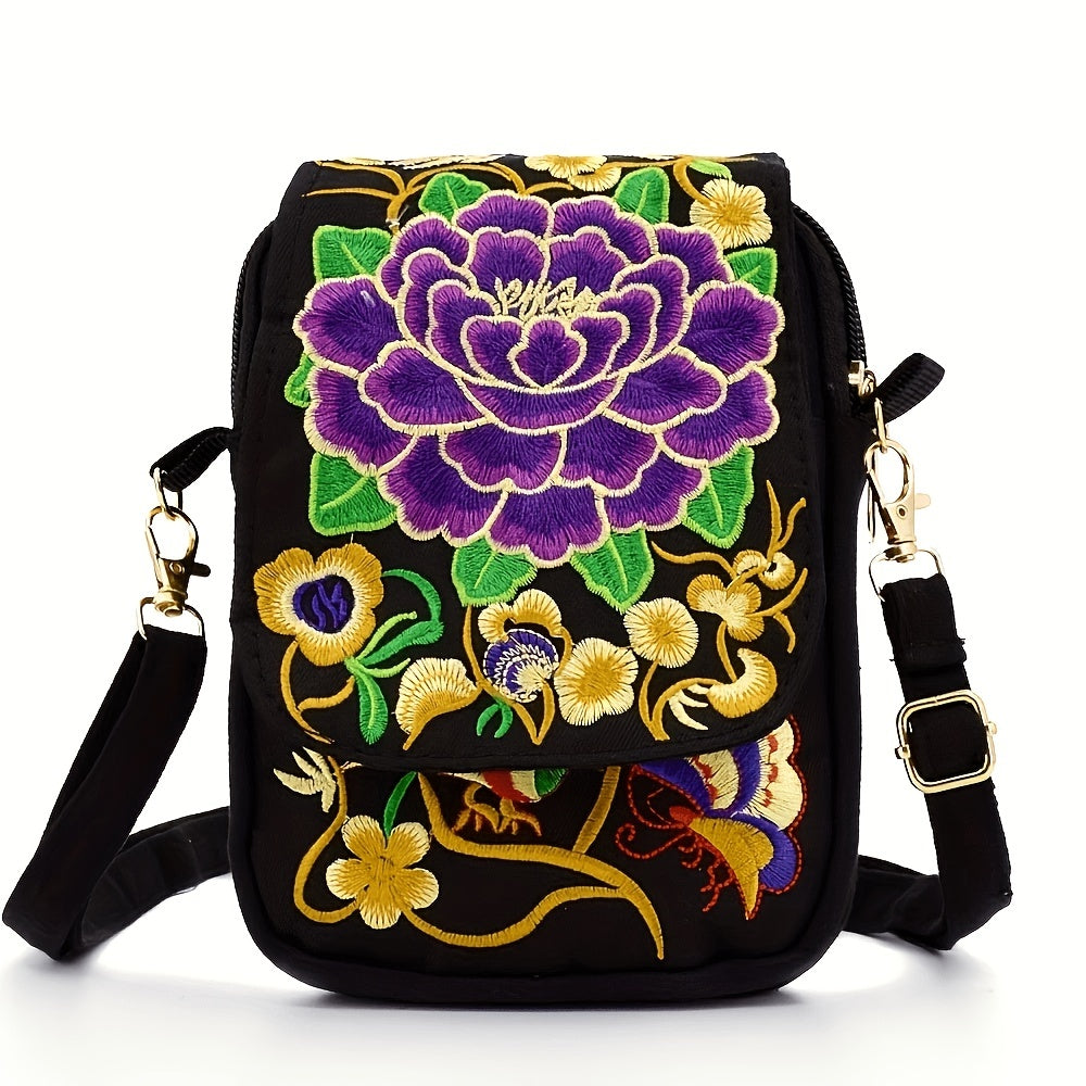 Sac Bandoulière Brodé Femme - Mini Sac Épaule Léger Motif Floral Géométrique Fermeture Éclair