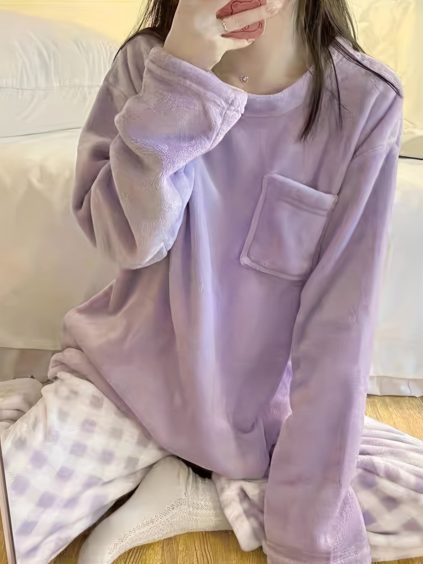 Pyjama Velours Hiver Chaud Femme - Motif Carreaux Ensemble Maison Confortable