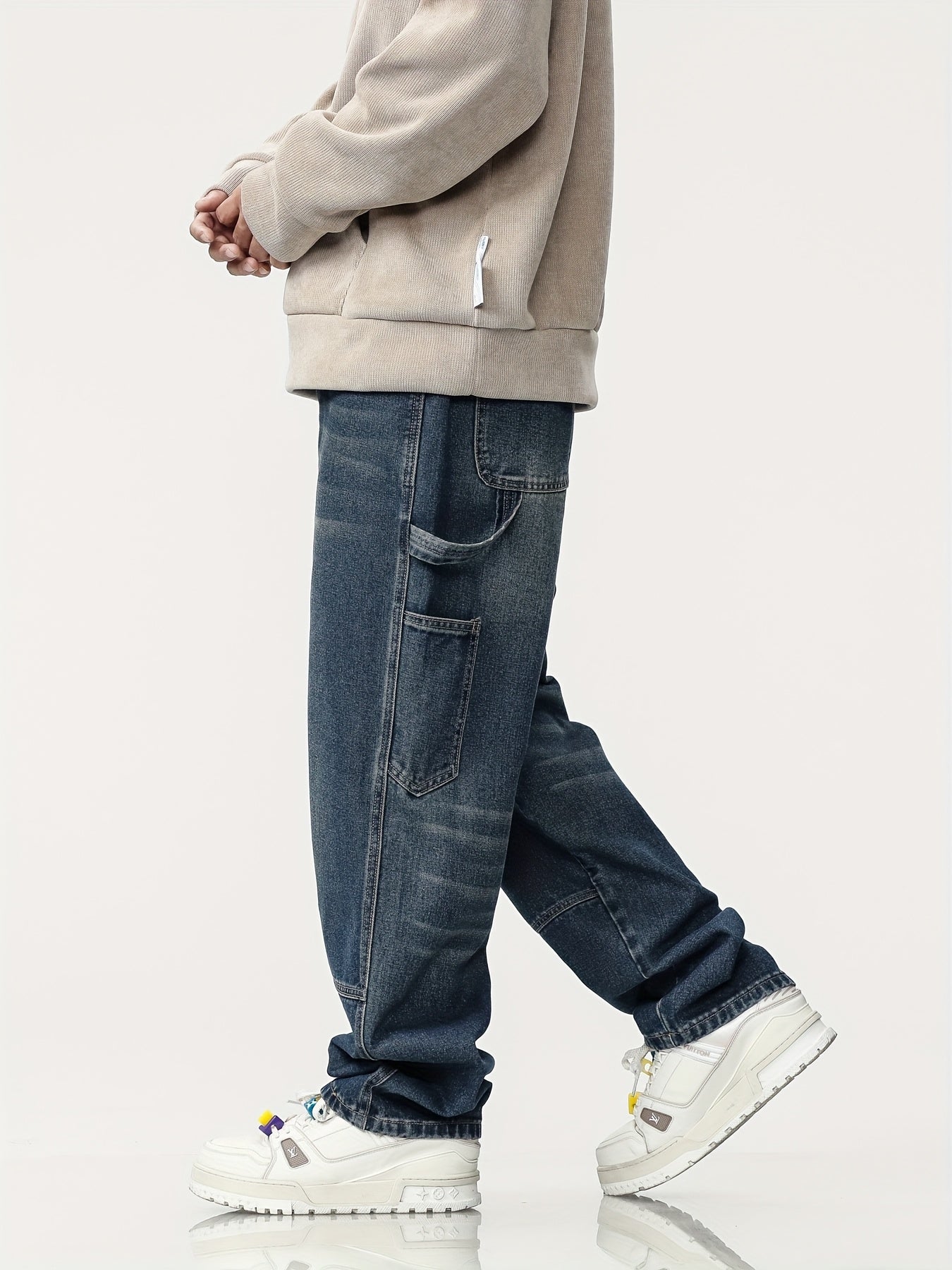 Jeans Workwear Rétro Homme - Large Multi-Poches Bleu Foncé Délavé