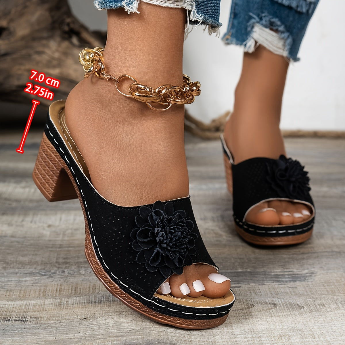 Sandales Mi-Talon Rétro Femme - Ornements Floraux Slip-On Beige