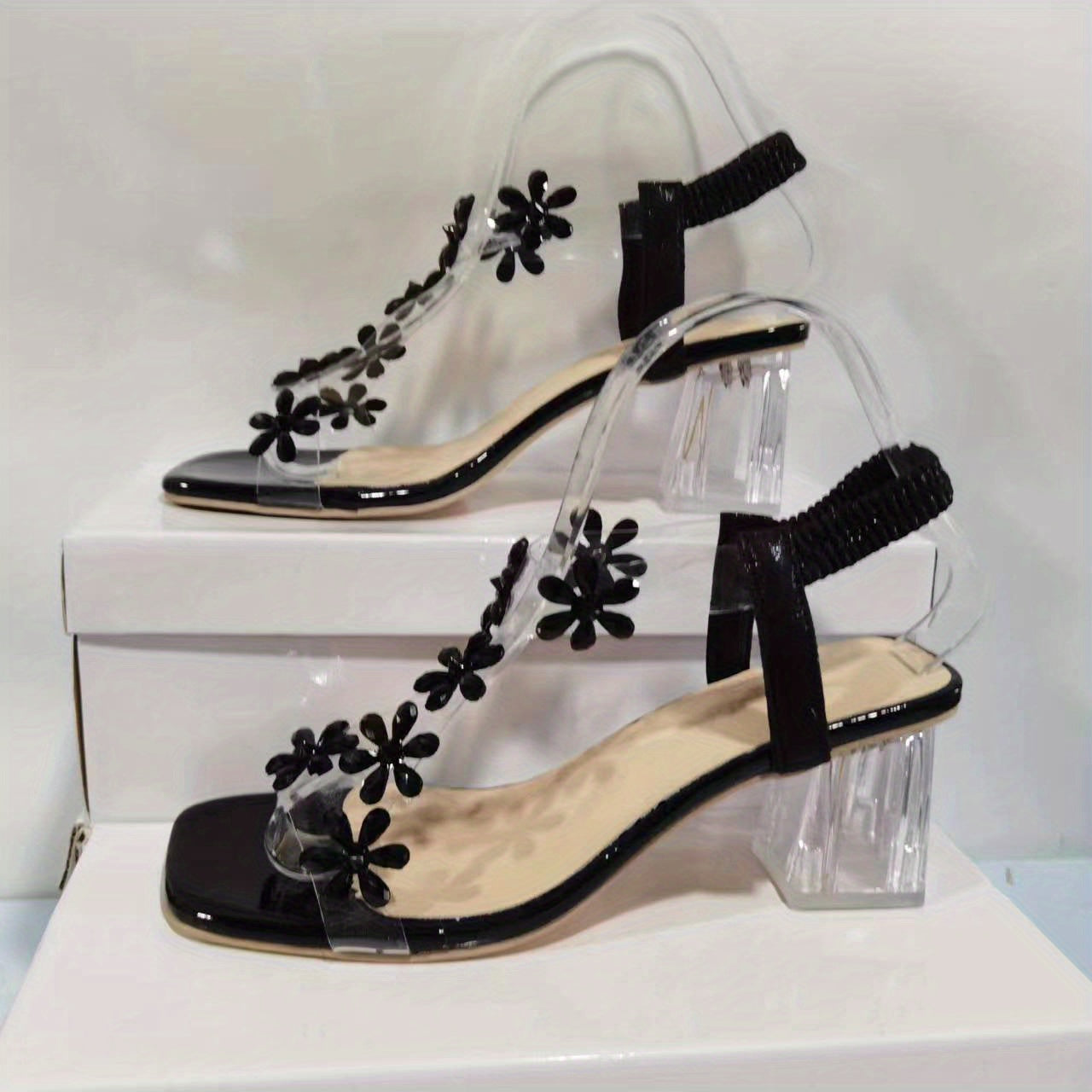 Sandales Talon Chunky Femme - Fleur Strass Bout Carré Bride Élastique Mi-Hauteur